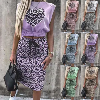 2021 nou sexy slim la modă de îmbrăcăminte pentru femei leopard de imprimare de top fără mâneci rochie costum din două piese T-shirt arata subțire
