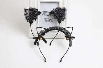 Femei Fete Cat Ureche Negru Dantelă Bandă Simțit Metal Hairband Crăciun și Halloween Costum Fantezie de Partid Cosplay Cadou