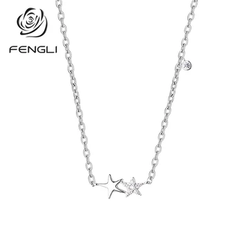 FENGLI Argint 925 Culoare Stele de Cristal Colier pentru Femei Simplu Guler Elegant Lanț Pandantiv Bijuterii Clasice