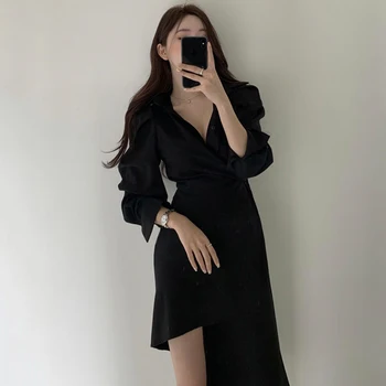 Doamnelor rochii femei 2021 primăvară coreean haine de moda feminine, elegante, casual negru partid culoare solidă maneca lunga cămașă rochie