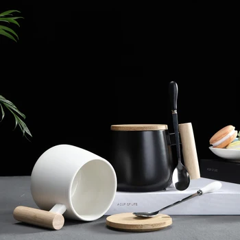 Stil Nordic mâner de lemn Cani Ceramice Cani de Cafea de Mare capacitate cană cu lingură capac cana de cafea ceasca de ceai biroul de acasă drinkware