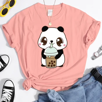 Pearl Lapte Ceai Panda Drăguț Imprimare Tricouri Femei O-Gât Respirabil Teuri Vara Vrac Top Personalitate Oversize Tee-Shirt Pentru Femeie