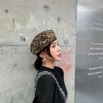 YOYOCORN Leopard en-gros de Iarna Cald Lână faux Bereta Femei Fete Artist francez Beanie Hat Cap Plat de Top capace încălzit de pălării