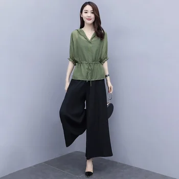 Vara 2 Seturi De Piese Pentru Femei Plus Dimensiune Verde Cu Maneci Scurte Sus + De Înaltă Talie Pantaloni Largi Picior Costume Coreean Femei Set Femme Y117