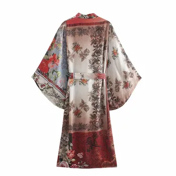 TRAF Za Femei Bluze Mozaic Kimono pentru Femei Bluze de Vară 2021 Plaja Kimono Tunici Femei cu Maneci Lungi Centura Elegant Tricou Lung