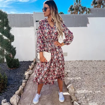 Vintage imprimeu Floral Rochii Maxi Pentru Femei de Vara cu Maneci Lungi Rochie Midi de Primăvară boho rochie lunga Casual Plaja Vestidos 2021