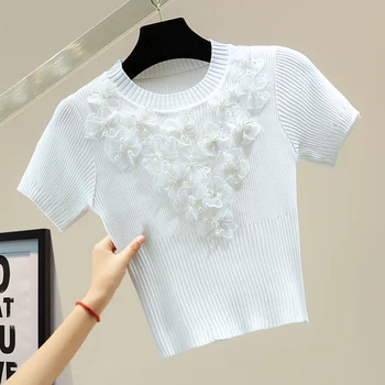 Trei-Dimensional de Flori cu Maneci Scurte Întinde Tricotate T-shirt Femei 2021 Vară Stil coreean Slim Fit Crop Top Femme