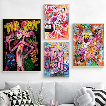 Pantera roz Obraznic Leopard Panza Pictura Arta de Perete Desene animate Printuri si Postere Graffiti Imagine de Fată Dormitor de Decor Acasă
