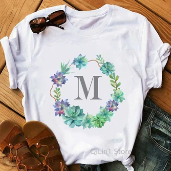 Florale Alfabet M Scrisoare De Imprimare T-Shirt Femei De Vară Drăguț Top Femei Albe Casual Tricou Femme Grafic Teuri Fete Tumblr Haine