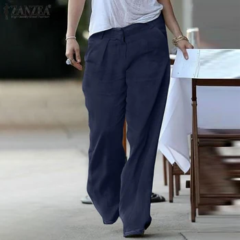 ZANZEA Moda Streetwear Femei Casual Pantaloni Lungi 2021 Feminin Solid Largi Picior Pantaloni de Vara Pantalon de Bumbac Largi Palazzo