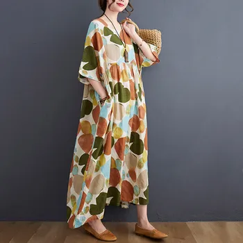 Maneci scurte din bumbac floral vintage rochii pentru femei casual lung liber femeie rochie de vara elegante haine 2021