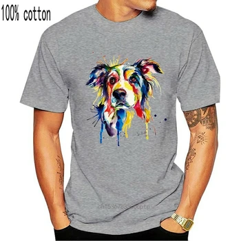 Border Collie culori de Apă de Arta Câine Atletic Bază de Bărbați Bumbac T-Shirt