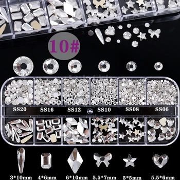 12 Grile 1200/660PCS Crystal AB 3D Nail Art Strasuri Pietre Flatback Diamant DIY Decoratiuni Manichiura Forme Mixte Pentru Unghii