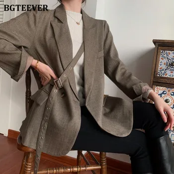 BGTEEVER de Moda Elegant Crestate Guler Belted Jacket pentru Femei 2021 Nouă Primăvară Butoane Complet Maneca Vrac Costum de sex Feminin Uza Topuri