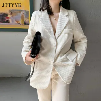 Alb, pantaloni de Catifea cord Sacouri Jachete de Primăvară 2021 Femei Moda coreeană Scurtă Dungă Sacouri Și Costume Femei Casual Femei Îmbrăcăminte exterioară