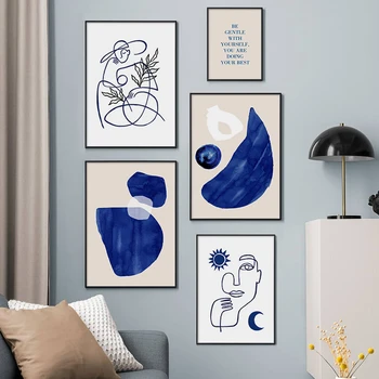 Minimalist Pictură Albastru Stil De Artă Abstractă Figura Față De Linia Zidului Galerie Poster Nordic Decor Acasă De Imprimare Murală Panza Imagine