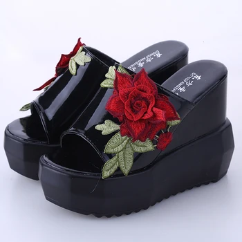 PADEGAO Sandale de Vară Broderie Flori de Agrement Pantofi Femei Pene Platforma Gură de Pește Sandale Fund Gros Papuci de casă PDG045