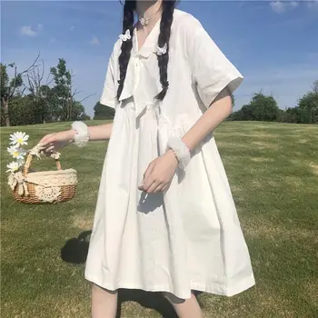 Femei rochie de Vara Harajuku Kawaii Alb All-meci Stil Preppy Pur Arc Fraged Imperiu de zi cu Zi Colegiul Ulzzang Maneca Scurta Simplu