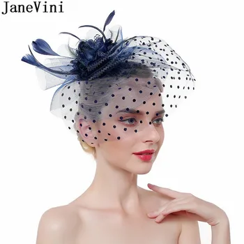 JaneVini Nunta Haarschmuck Alb Fascinator Pene de Flori de Mireasa Pălărie cu Voal Scurt 2021 Albastru Pălării de Nunta pentru Femei Elegante