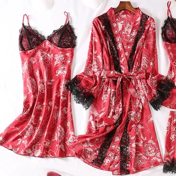 Haină De Nuntă Stabilite De Sex Feminin Pijamale Cămașă De Noapte Costum Imprimat Cu Flori Mireasa, Domnisoara De Onoare Sexy Dantelă Asieta Somn Set Kimono-Halat De Baie Rochie