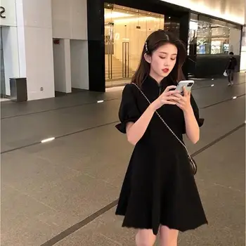 Scurt Puff Maneca Femei Rochie de Vara All-meci Negru Rochii la moda Streetwear coreeană Stil Retro de Înaltă Calitate Elegant