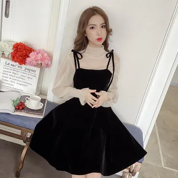 Primăvara Nou Elegant Două Piese Rochie pentru Femei de Iarna coreean O-Linie O-Gât Topuri Negre Sundress Streetwear Rochie Vestidos 004