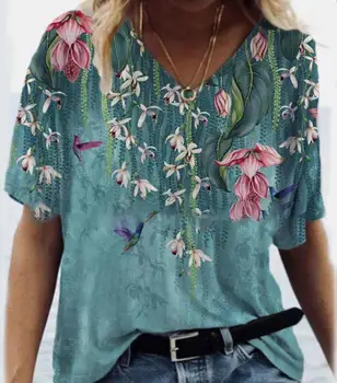 Topuri Vara Doamnelor T-Shirt Noua Moda de Imprimare de Flori de Îmbrăcăminte pentru Femei Casual V-Gât de sex Feminin Scurt, Moale, Elegant, de Top