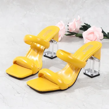 Vara Femei Sandale Transparente, Tocuri Deget de la picior Pătrat Solid de Culoare Moda Sandale cu toc Înalt din Piele Concis pantofi Sandale 2021