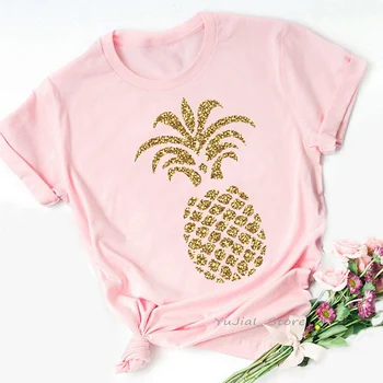 Roz Acuarelă Sclipici Ananas Imprimare Tricou Femei de Îmbrăcăminte Amuzant Vogue Tricou Femme Moda de Vara T-Shirt Streetwear