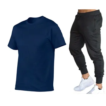 Moda de vara casual barbati trening plaja sport sport cu mânecă scurtă T-shirt 2-bucata set + pantaloni lungi de mari dimensiuni
