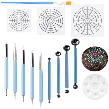 Set de 14 Mandala Dotting Stencil Instrumente de Pictură pe Piatră Kit Dotting Tools Include Template-uri, Tava de Vopsea, Mandala Instrumente