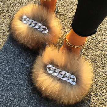 Fox Sandale Cu Blană Papuci De Blană Pufos Flip Flops Diamant Lanț Blana Naturala Slide-Uri Pentru Femei Doamnelor Papuci De Casa Plaja Pantofi Plat