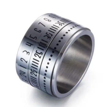 Timp Forma Bărbați Inele Argint Culoare Oțel Titan Inel Rotativ Cifre arabe Calendar Forma de inel