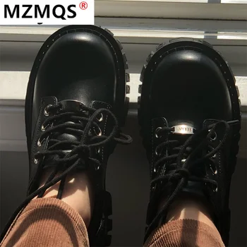 Femeile Oxfords 2021 Primavara Toamna Casual Platforma Pantofi Negru Din Piele Dantela Sus Pantofi De Cusut Moda Rotund Toe Indesata Unic Apartamente