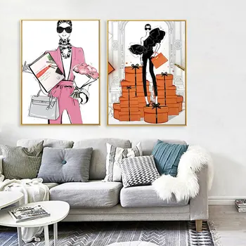 Roz Rochie de Cumpărături Fată Postere pe Perete Decorativ Imagine Stil de Moda Panza Pictura pentru Decor Acasă Cadru