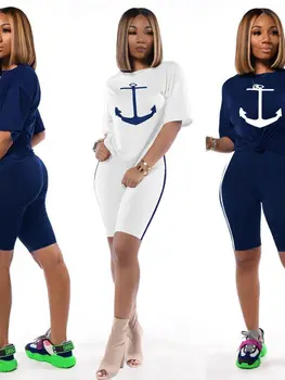 Femeile de Ancorare cu Barca de Imprimare de sex feminin din două piese cu mânecă scurtă t-shirt imprimat marina costume de ancorare din două piese, pantaloni scurți Casual fahion
