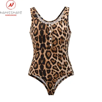 Femei Sexy Leopard Costume pentru Streetwear Patchwork Design Butonul de Decor fără Mâneci V-Neck Slim Pulovere Salopete
