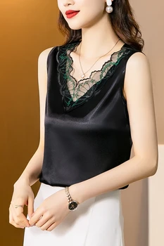 Vara Moda coreeană Silk Tank Top Femei Satin Birou Doamnă Rezervor de Top Plasă de Dantelă Negru Solid Cami Top Vrac pentru Femei
