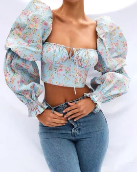 FAKUNTN franceză Felinar Vintage Bluze cu Maneca Camasi Femei Florale Imprimare de Moda de Top Femeie Bluze 2021 Pătrat Sexy Guler Camasi