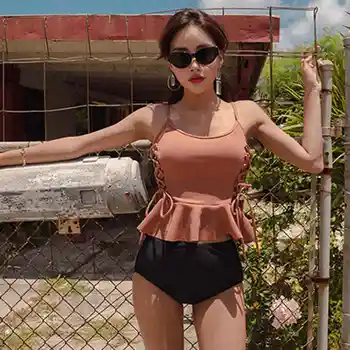 2021 Nou Versiunea Coreeană De Sexy Bretele Low-Cut Cruce Curele S-Au Adunat Pe Ambele Părți Cu Tiv Ciufulit Bikini Pantaloni Scurți, Costume De Baie