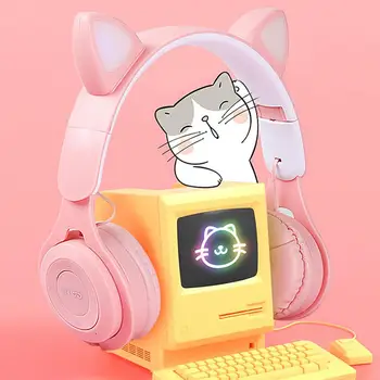 Pisica Ureche Căști Pentru Fete LED Bluetooth 5.0 set de Căști Cu Microfon Luminos montat pe Cap Pliabil Colorate Stereo Gaming Headset