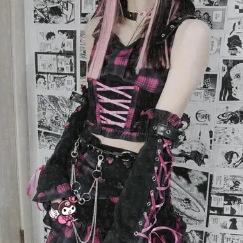 Design-ul Original Japonez Harajuku Carouri Fusta și Top Set Fata Fierbinte Punk negru Fusta Roz cu Lanțuri Dulce Moale Fata de Vara Set
