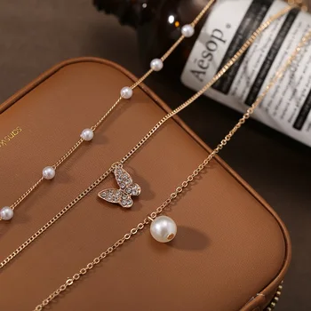 Noul Design Fluture Perle Cravată Colier pentru Femei 2021 Simplu de Aur Multi Strat Perla Pandantiv Colier Bijuterii de Nunta Cadouri