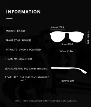 KDEAM TR90 Material Cadru pentru Bărbați ochelari de Soare Polarizat fără ramă Ovală Ochelari de Soare Lentile de Polarizare din Cauciuc Moale Jos Capacul KD980