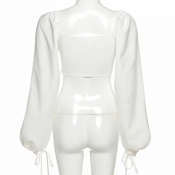 Hbenna Bluza Sexy Femei Culturilor Sus Mânecă Lungă Lanternă Dantelă sus V-Gât Pătrat Elegant Guler Alb de Femei de Top de Primăvară 2021 Moda