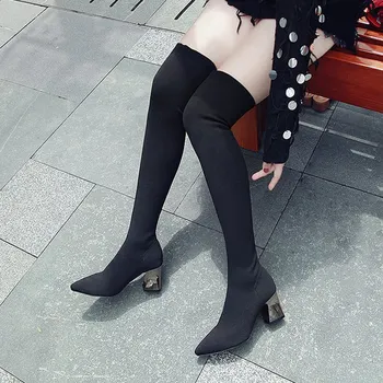 2021 Noua Moda Sexy Femei Șosete Cizme a Subliniat de la Picior Toc Indesata Femei Peste Genunchi Turma Culoare Solidă Doamnelor Pantofi de Toamna Țese