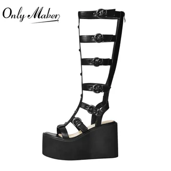 Onlymaker Femei Peep Toe Platform Wedges Black Zip Sandale de Moda Pantofi Catarama Curelei Pentru Pantofi de Vara