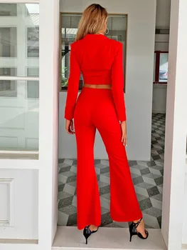 Chic Elegante Costume De Femei În Stoc Rosu Scurt Crestate Rever Blazer Flare Pantaloni Office Lady Un Buton De Moda Strat De 2 Bucati