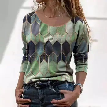 Femei de Primăvară, Tricouri Casual Fashion Moale Doamnelor Îmbrăcăminte O-Gât de Imprimare Carouri Mâneci Lungi Vrac Topuri Femei t Shirt