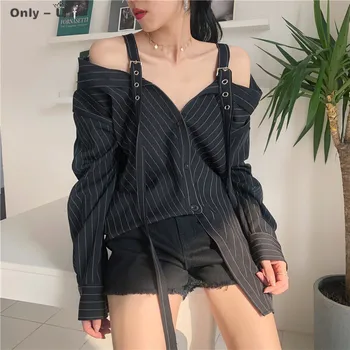 2021 Nouă Personalitate de Moda Curea Negru Dungă Verticală Off-umăr Maneca Lunga Tricou Femei Bluza Vestido Pentru Femeie
